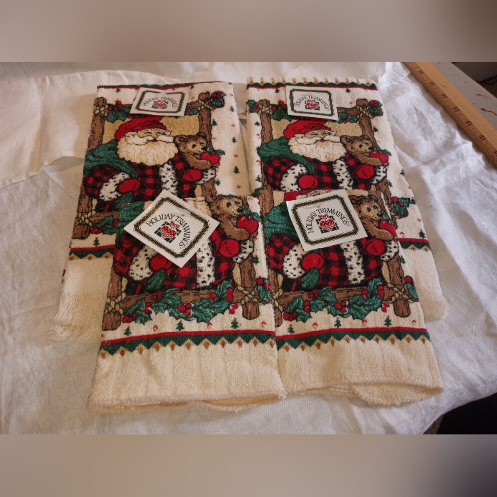 Holiday Trimmings Santa & Teddy Decorative Kitchen Towels - Cream, Red, Green